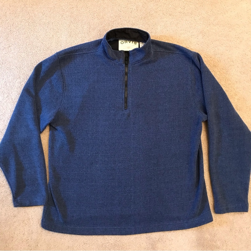 Orvis Quarter Zip Pullover Knit Sweater Mens XL Blue Sleeve Pocket Outdoor Sport
